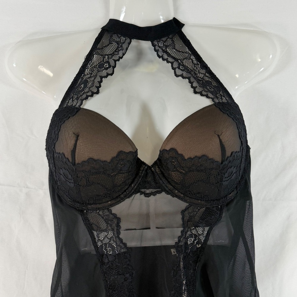 Adore Me Black Lace Mesh Bustier Halter Garter‎ Lingerie 34C